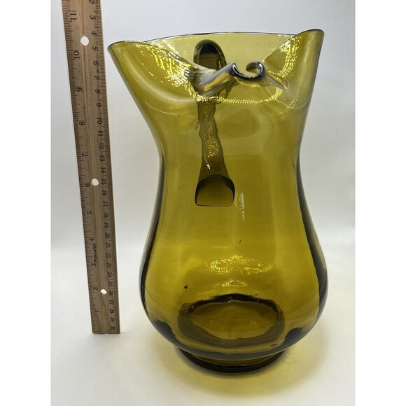 Vintage Emploi Yellow Translucent 64 Oz Hand Blown 10" Glass Pitcher Italy Used - Picture 6 of 7